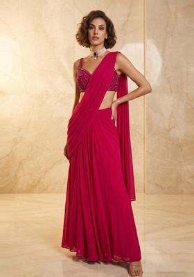 Magenta Handwork Pre Draped Saree Set