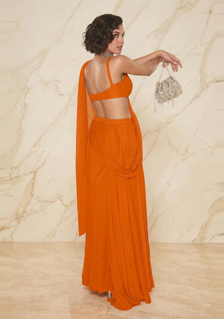 Rust Orange Handwork Pre Draped Saree Set - Indya