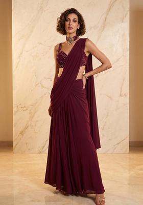 Wine Purple Handwork Pre Draped Saree Set