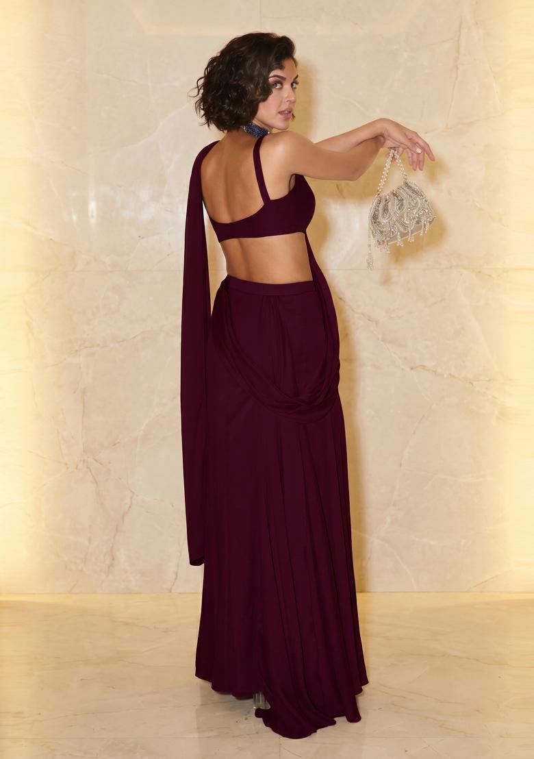 Wine Purple Handwork Pre Draped Saree Set - Indya