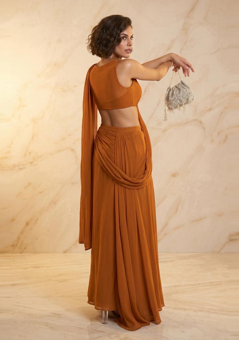 Rust Brown Handwork Pre Draped Saree Set - Indya