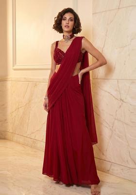 Crimson Red Handwork Pre Draped Saree Set