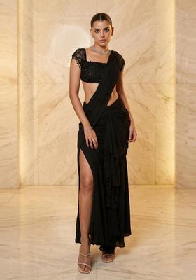 Black Handwork Pre Draped Saree Set