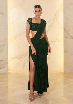 Emerald Green Handwork Pre Draped Saree Set
