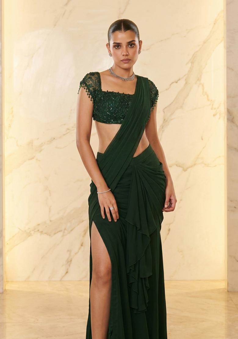 Emerald Green Handwork Pre Draped Saree Set - Indya