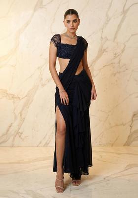 Navy Blue Handwork Pre Draped Saree Set