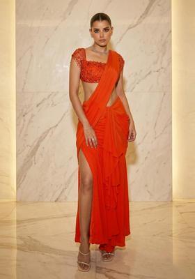 Bright Orange Handwork Pre Draped Saree Set