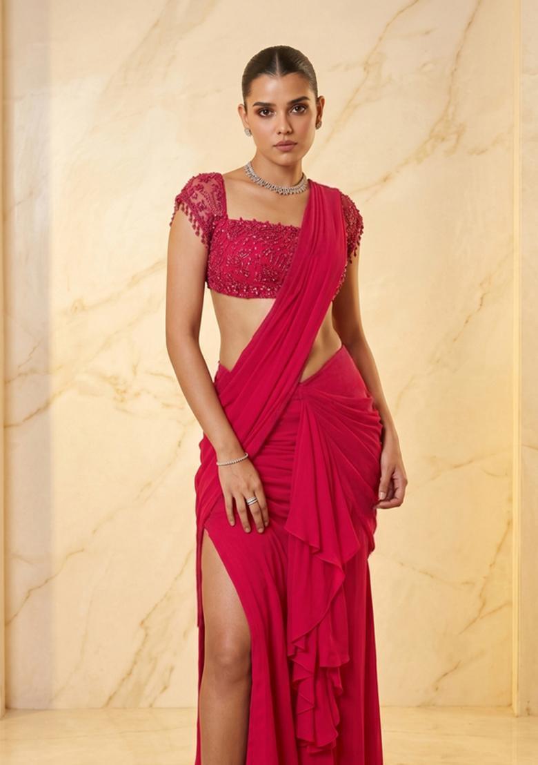 Pink Handwork Pre Draped Saree Set - Indya