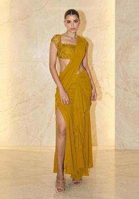 Mustard Yellow Handwork Pre Draped Saree Set