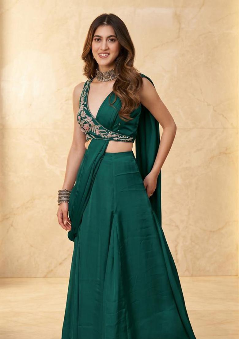Emerald Green Handwork Pre Draped Saree Set - Indya