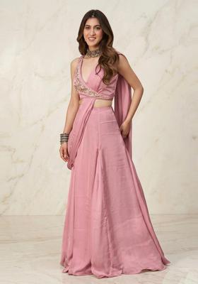 Dusty Pink Handwork Pre Draped Saree Set