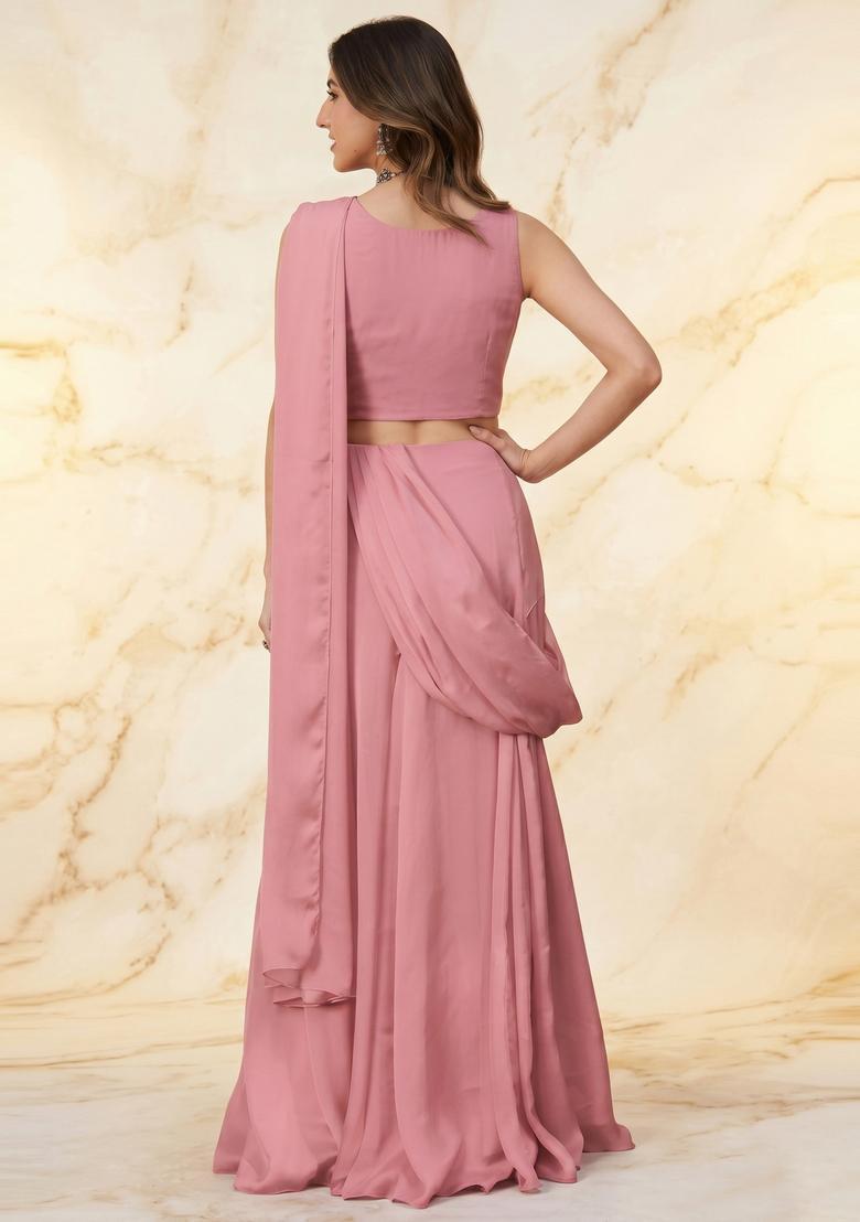 Dusty Pink Handwork Pre Draped Saree Set - Indya