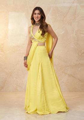 Lemon Yellow Handwork Pre Draped Saree Set