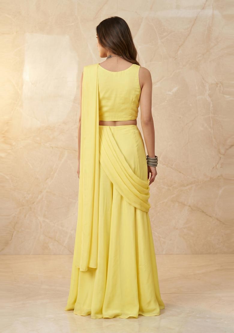 Lemon Yellow Handwork Pre Draped Saree Set - Indya