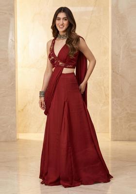 Maroon Handwork Pre Draped Saree Set