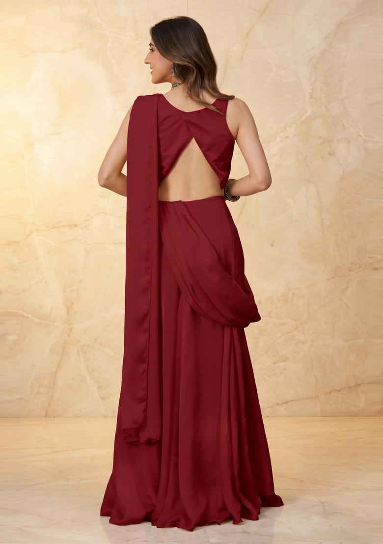 Maroon Handwork Pre Draped Saree Set - Indya
