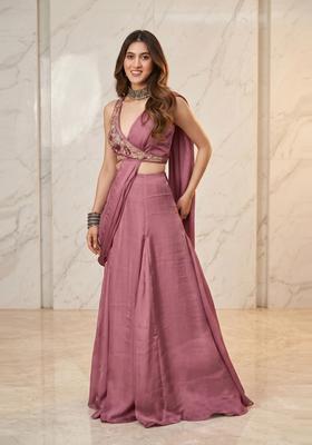 Mauve Handwork Pre Draped Saree Set
