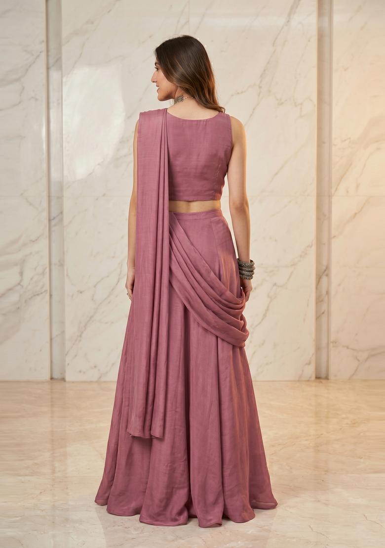 Mauve Handwork Pre Draped Saree Set - Indya