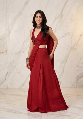Deep Red Handwork Pre Draped Saree Set