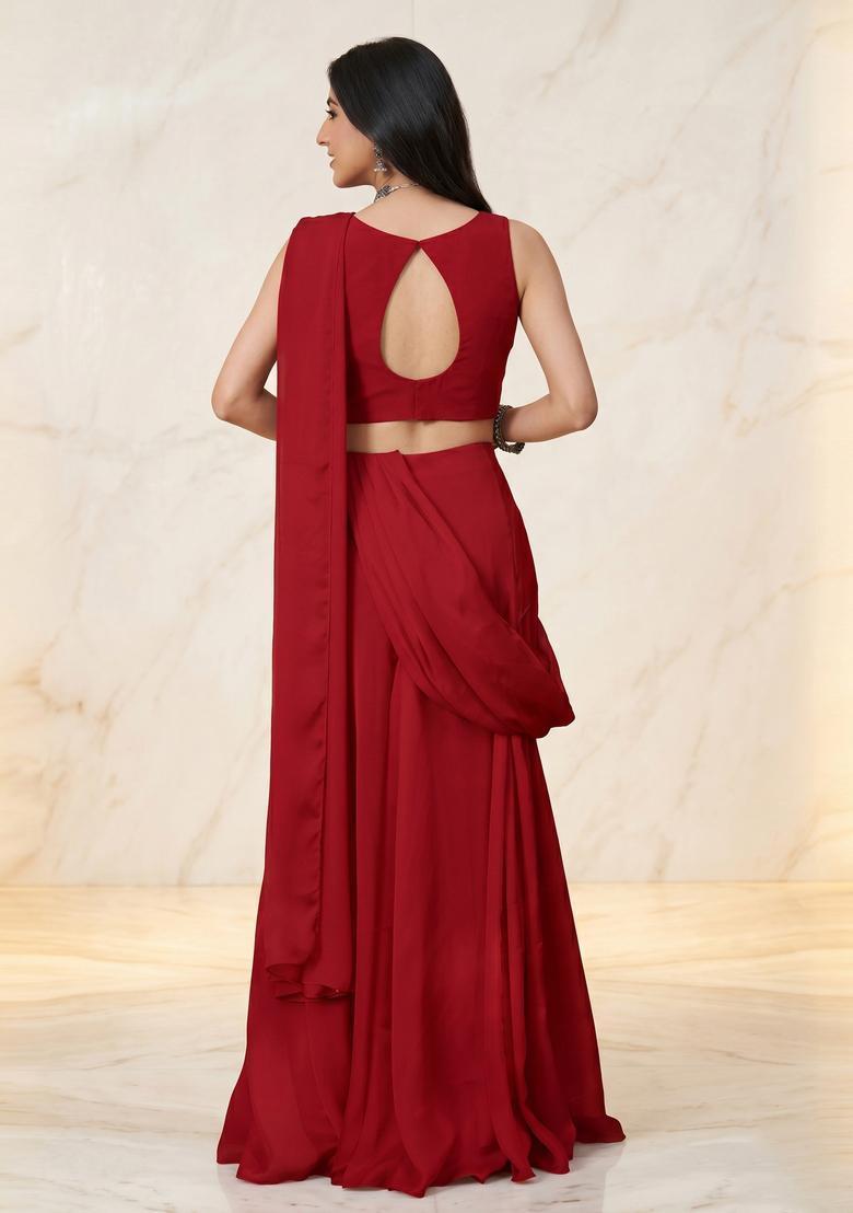Deep Red Handwork Pre Draped Saree Set - Indya