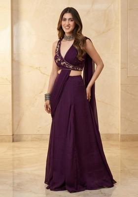 Deep Purple Handwork Pre Draped Saree Set