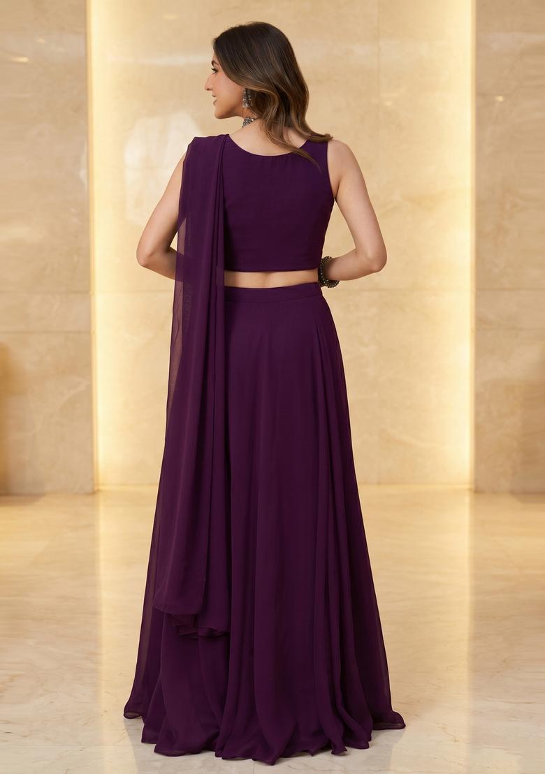 Deep Purple Handwork Pre Draped Saree Set - Indya