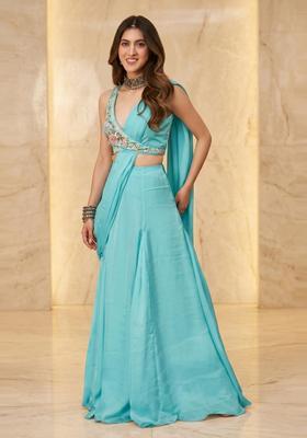 Turquoise Blue Handwork Pre Draped Saree Set