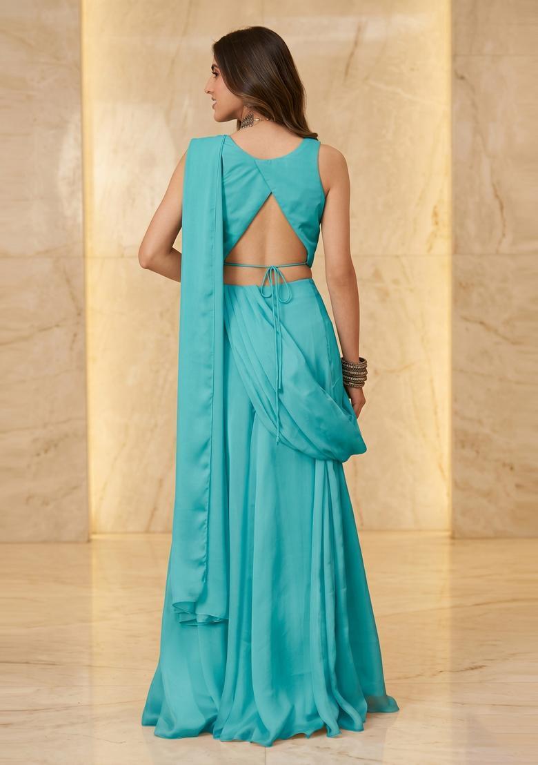 Turquoise Blue Handwork Pre Draped Saree Set - Indya