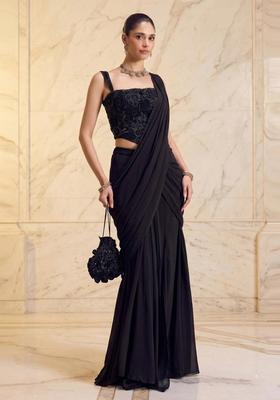 Black Handwork Pre Draped Saree Set