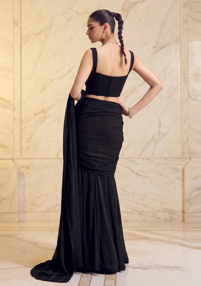 Black Handwork Pre Draped Saree Set - Indya