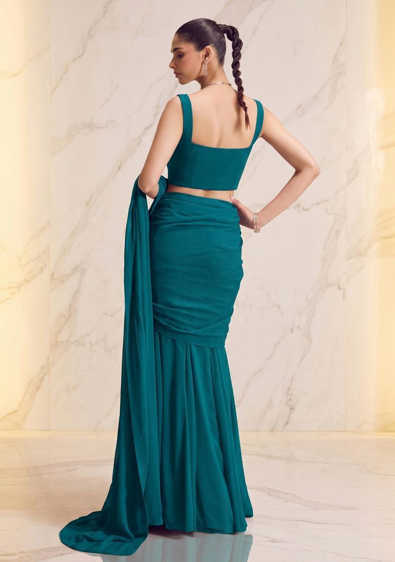 Teal Handwork Pre Draped Saree Set - Indya
