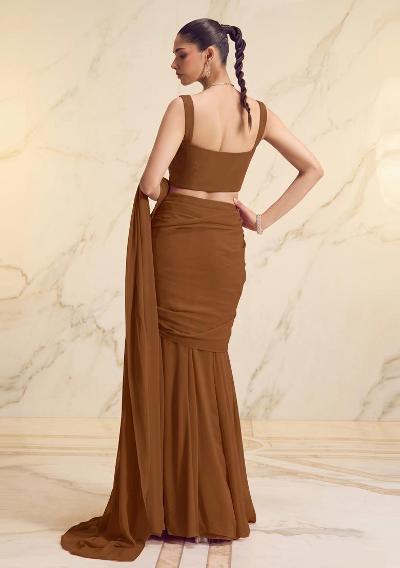 Coffee Brown Handwork Pre Draped Saree Set - Indya
