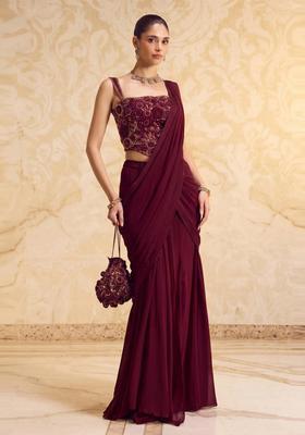 Wine Handwork Pre Draped Saree Set