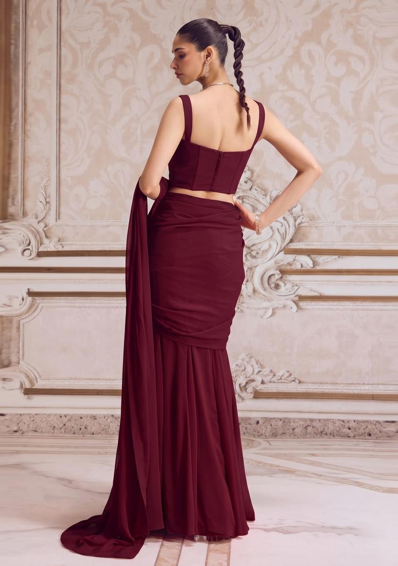 Wine Handwork Pre Draped Saree Set - Indya
