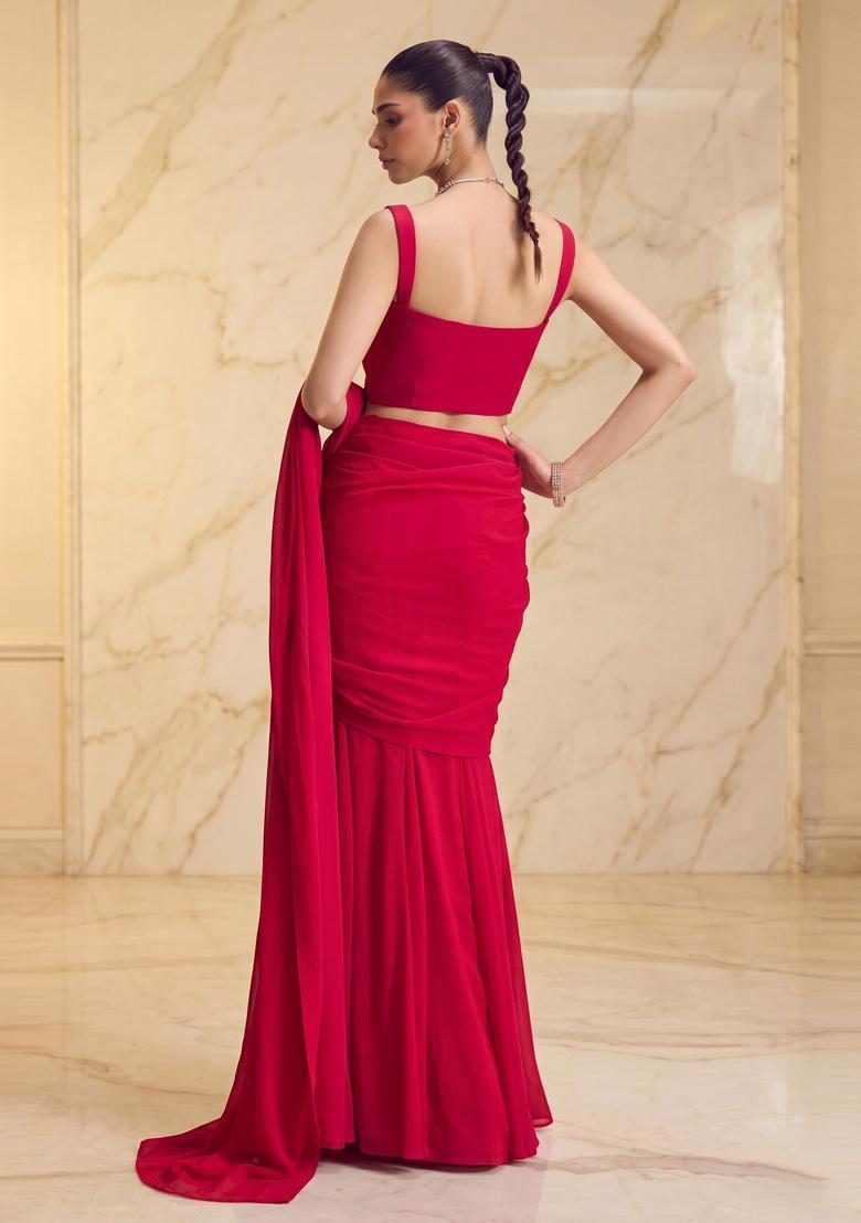 Magenta Handwork Pre Draped Saree Set - Indya