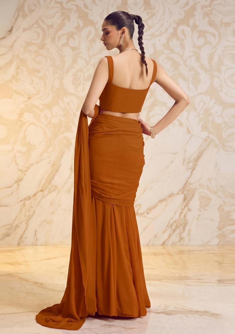 Rust Brown Handwork Pre Draped Saree Set - Indya
