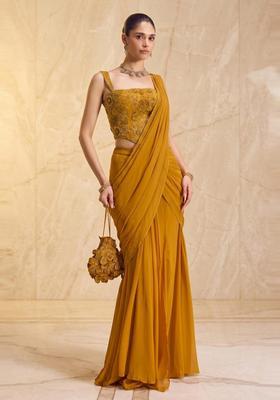 Mustard Yellow Handwork Pre Draped Saree Set