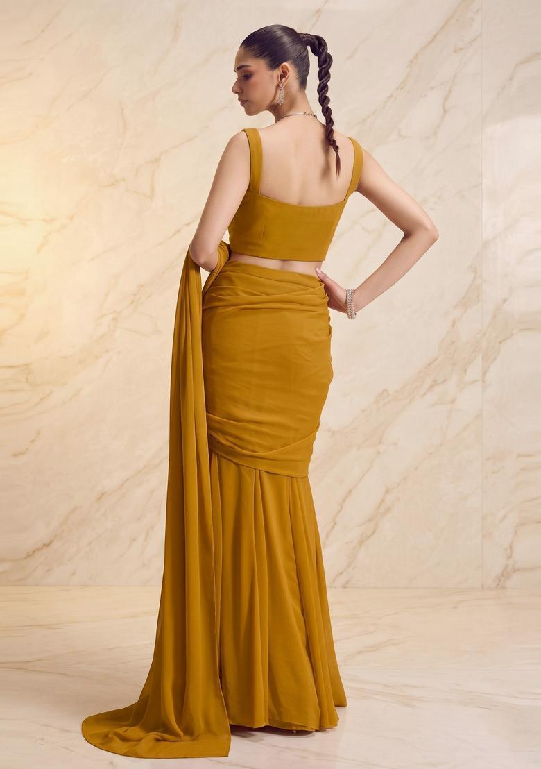 Mustard Yellow Handwork Pre Draped Saree Set - Indya