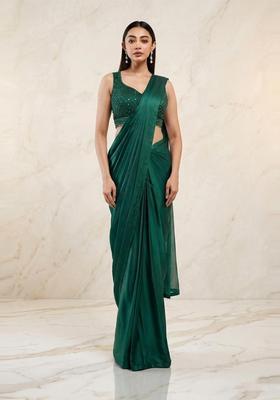 Emerald Green Handwork Pre Draped Saree Set