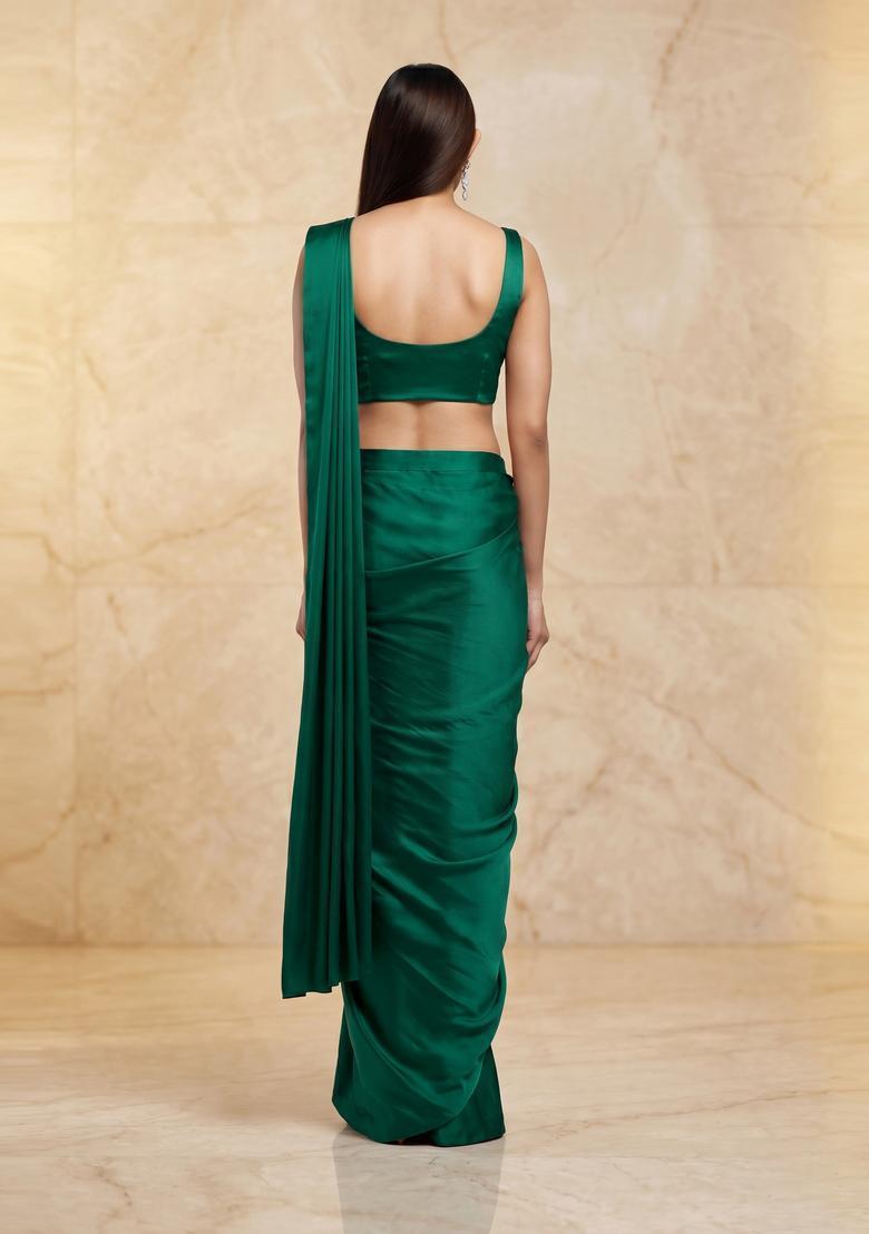 Emerald Green Handwork Pre Draped Saree Set - Indya