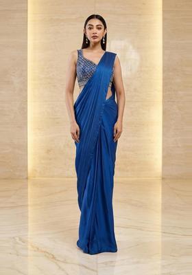 Royal Blue Handwork Pre Draped Saree Set