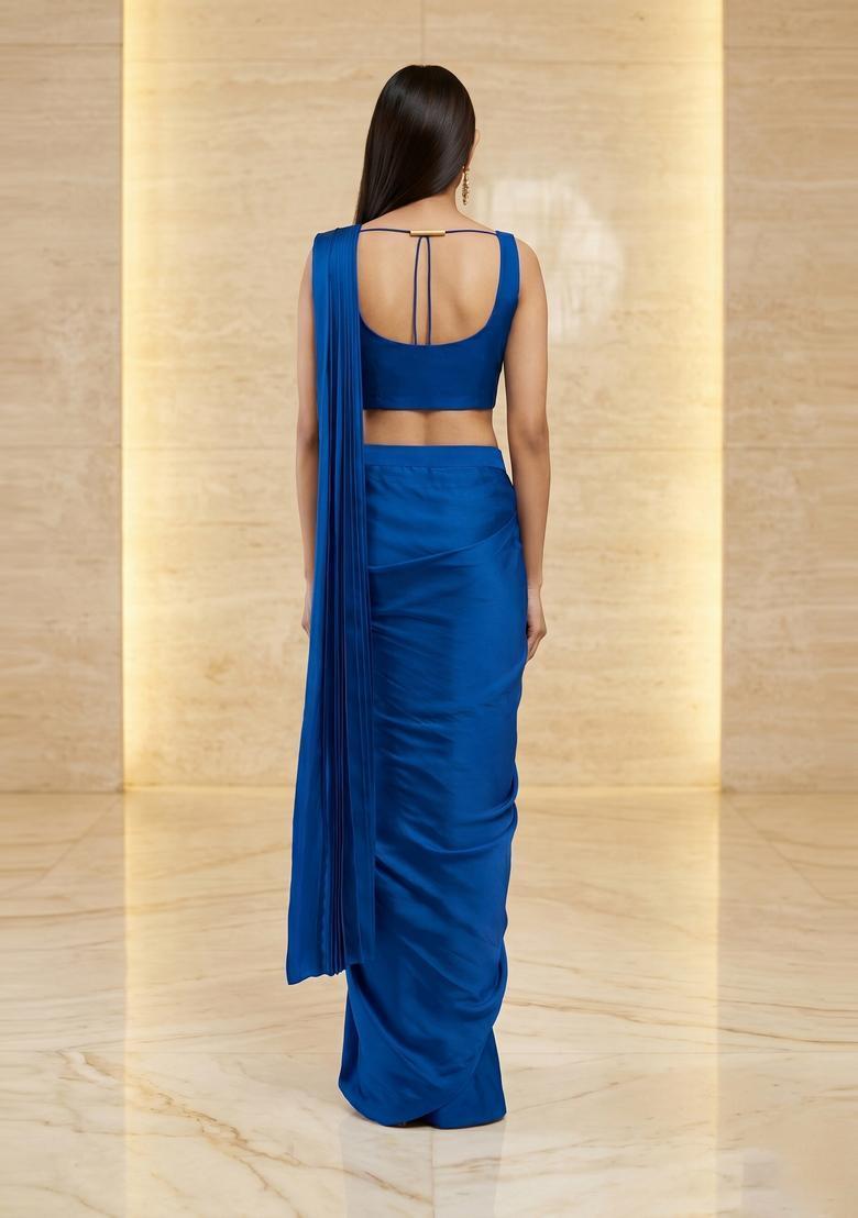 Royal Blue Handwork Pre Draped Saree Set - Indya