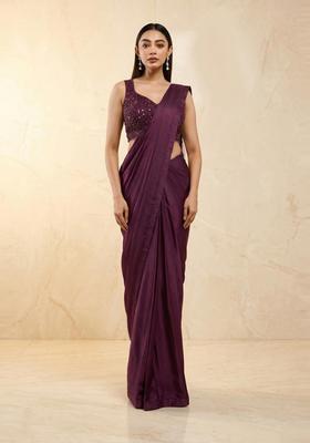 Deep Wine Handwork Pre Draped Saree Set