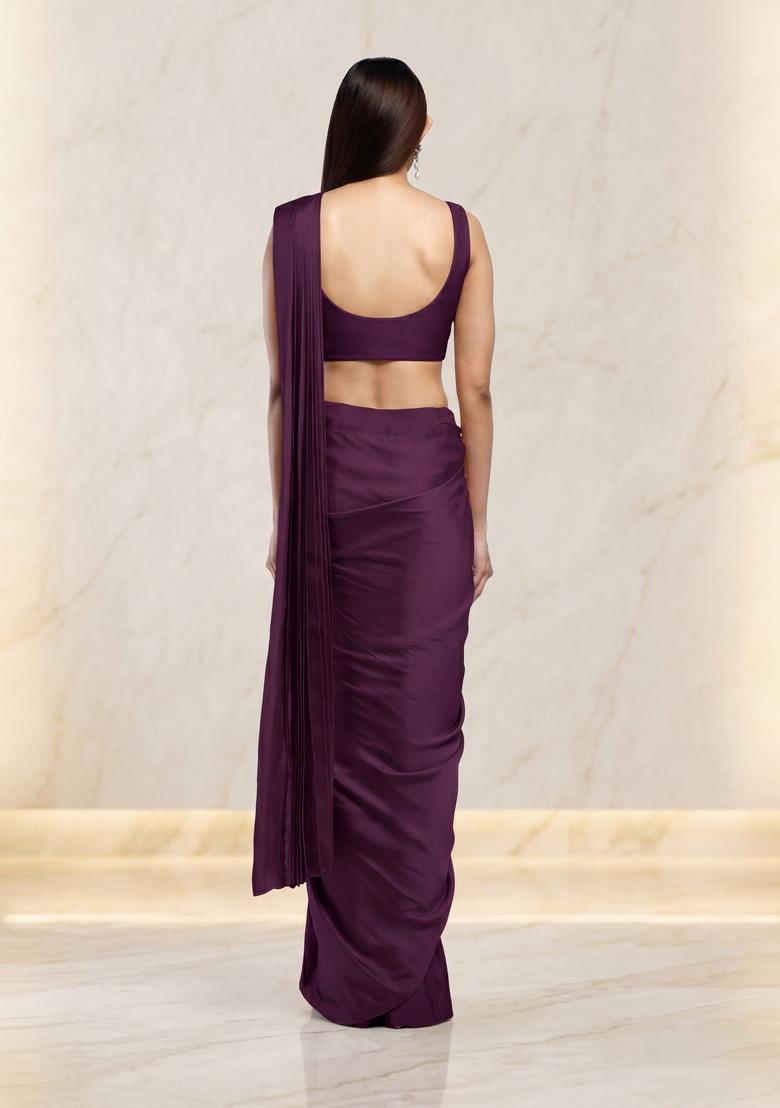 Deep Wine Handwork Pre Draped Saree Set - Indya
