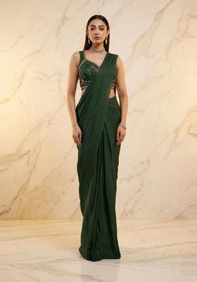 Dark Green Handwork Pre Draped Saree Set