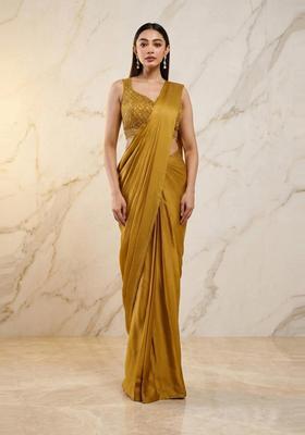 Mustard Yellow Handwork Pre Draped Saree Set
