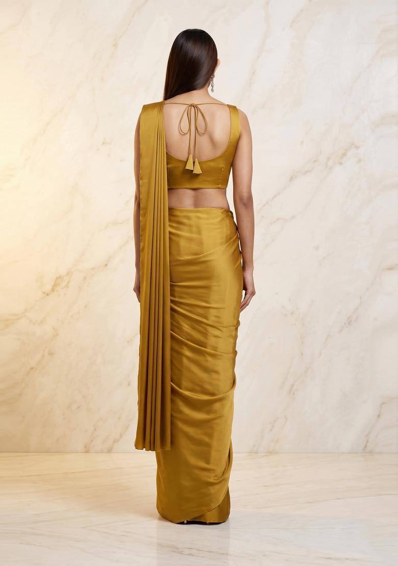 Mustard Yellow Handwork Pre Draped Saree Set - Indya