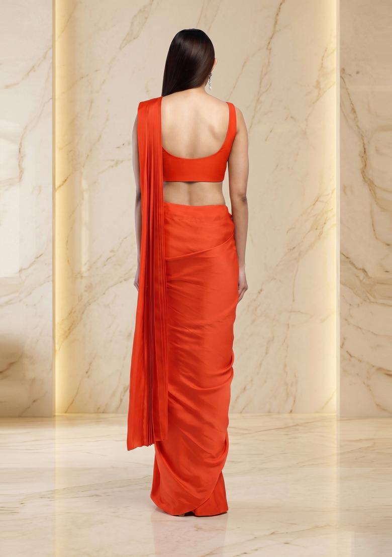 Bright Orange Handwork Pre Draped Saree Set - Indya