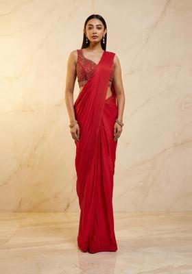 Bright Red Handwork Pre Draped Saree Set