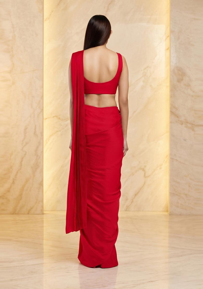 Bright Red Handwork Pre Draped Saree Set - Indya